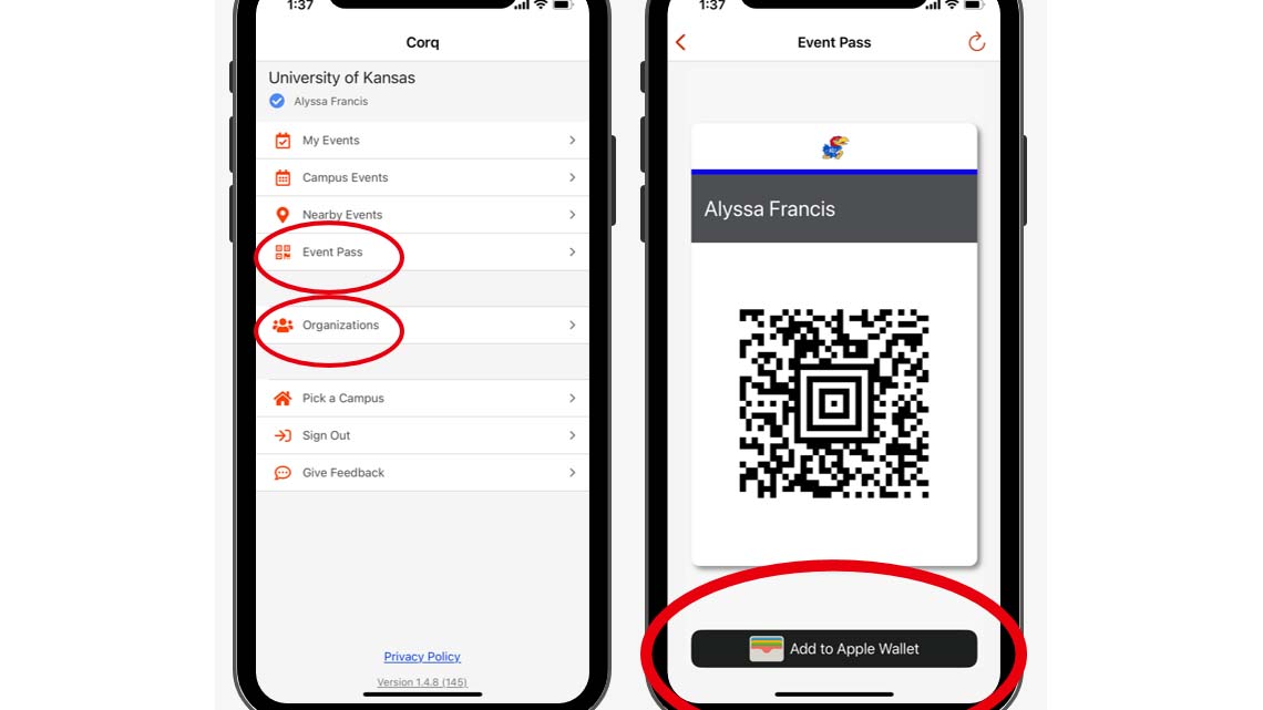 Two phone screenshots showing how to find and save your event pass